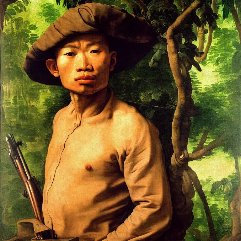 Image similar to portrait of a vietcong soldier, majestic, in jungle, fine art portrait painting, strong light, fashion, clair obscur, by albrecht durer, by caravaggio, by diego velazquez, by johannes vermeer, by jean honore fragonard, by peter paul rubbens, by bouguereau