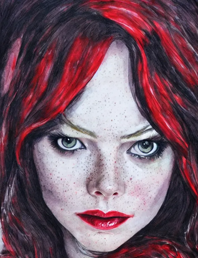 Image similar to portrait of a young emma stone as the scarlet witch, beautiful eyes, long black hair, aquarelle, realistic painting, freckles, 1 / 4 headshot