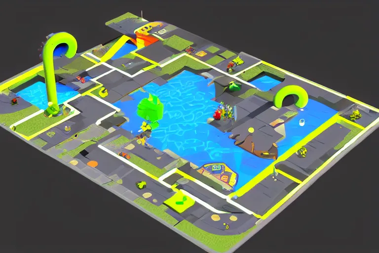 Prompt: isometric view of a splatoon 2 level, inspired by modern skate parks and modern chinese playgrounds in the style of splatoon, day