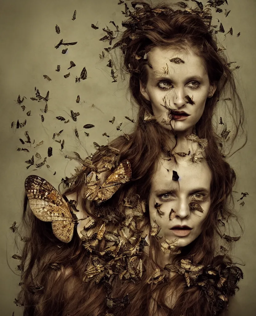 Prompt: head and shoulders portrait of a beautiful woman with a large moth sitting on her face, caterpillars and grubs crawl over her body, long flowing hair, disturbibg and gothic, by Nina Masic by Flora Borsi, by Lee Jeffries