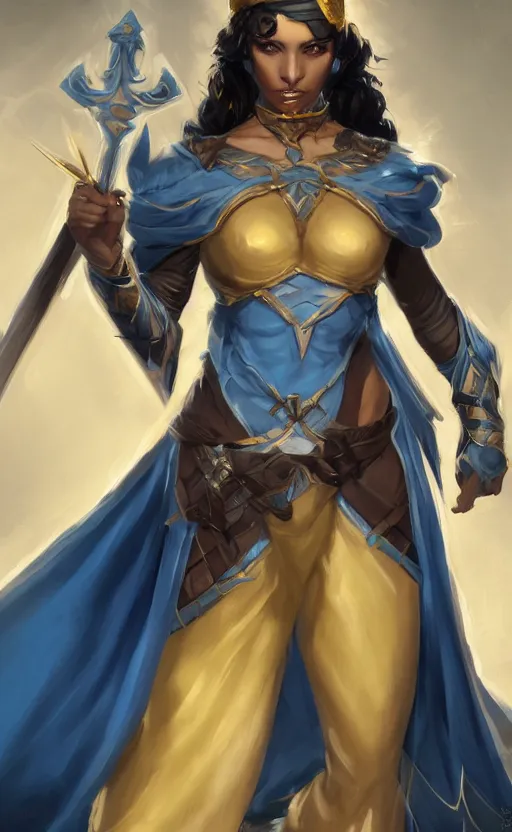 Prompt: Alluring Mesmer Woman, grown up, light yellow hair, blue eyes, dark brown skin, Light blue robes, covered, and dual swords, multiple illusory arms, by Frank Franzetta, cgsociety, artstationHD, safebooru, high quality, HD