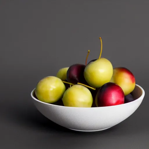 Prompt: a porcelain bowl filled with six large moist freshly picked plums. volumetric lighting. 4 k. small scale.