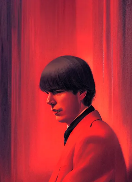 Image similar to portrait of tom jobim with bangs, 1 9 6 0 s, long hair, red clothes, bangs, intricate, elegant, glowing lights, highly detailed, digital painting, artstation, concept art, smooth, sharp focus, illustration, art by wlop, mars ravelo and greg rutkowski