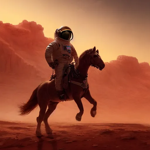 Prompt: portrait of the astronaut riding a horse in Mars, realistic character concept, high fantasy, light atmosphere, golden ratio, cinematic lighting, hyperdetailed, high resolution, insanely detailed and intricate, artstation, Marc Simonetti, Greg Rutkowski, octane render, unreal engine, 8k