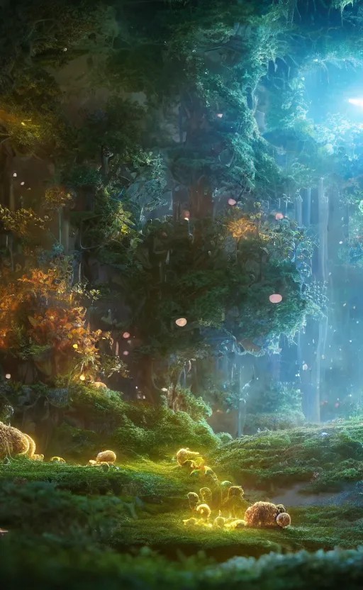 Image similar to microscopic tardigrades, magical forest, community, water bear, robots, electric, furry, soft, concept art, intricate details, highly detailed, photorealistic, disney pixar, octane render, iridescent, anime, 8 k