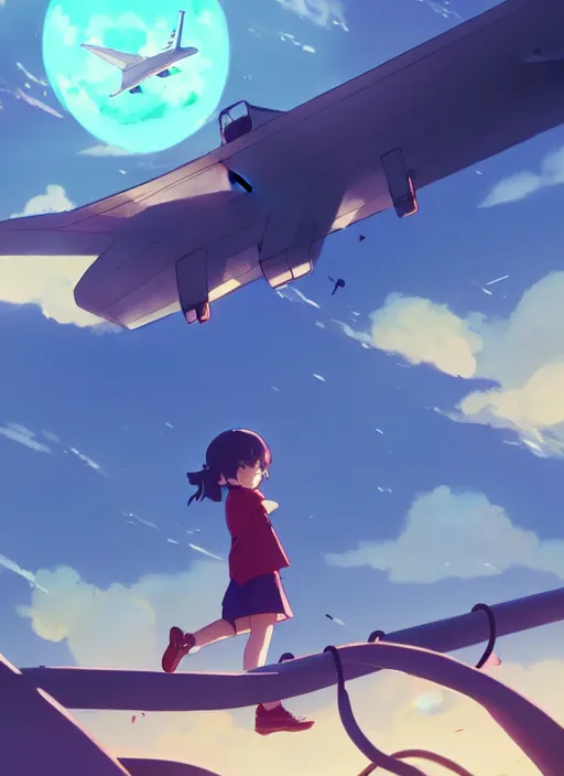 Prompt: girl stand on the playground, see a plane falling down towards the ground, view from below, illustration concept art anime key visual trending pixiv fanbox by wlop and greg rutkowski and makoto shinkai and studio ghibli