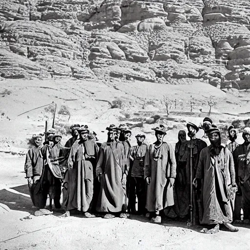 Image similar to ultra detailed photorealistic sepia - toned photo from 1 9 1 7, 5 clean - shaven british soldiers standing with bedouin traders in traditional arab garb, at an archaeological dig site in wadi rum, ultra realistic, painted, intricate details, lovecraft, atmospheric, dark, horror, brooding, highly detailed, by clyde caldwell