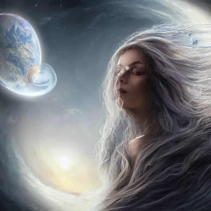 Image similar to beautiful celestial woman with long hair wrapping downward into planet seen for space, hyper-detailed, smooth, sharp focus, depth map, digital painting, apocalyptic art, fantasy dark art, 4k ultra hd, cinematic