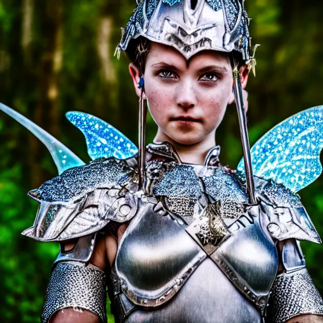 Image similar to full body photo of a fairy warrior wearing sparkly armour, highly detailed, 4 k, hdr, smooth, sharp focus, high resolution, award - winning photo