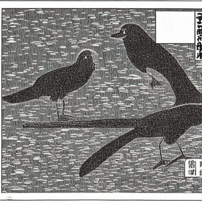 Image similar to a still frame from comic strip, black funny fluffy hairy bird 1 9 5 0, hasui kawase, herluf bidstrup, new yorker illustration, monochrome bw, lineart, manga, tadanori yokoo, simplified, isometric blueprint