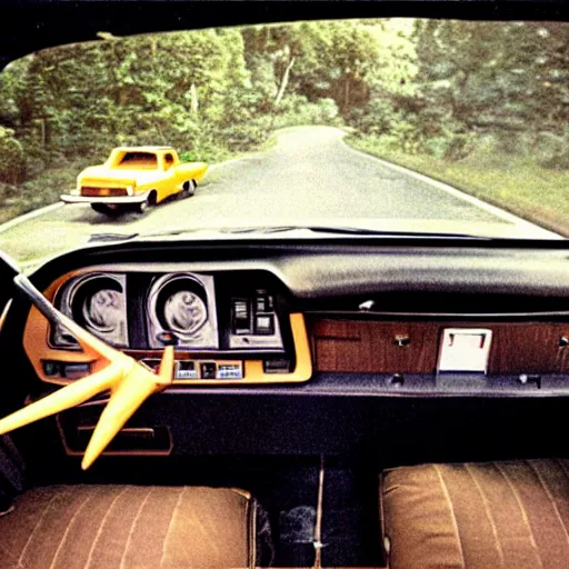 Prompt: 1970s car dashboard with small plastic dinos.