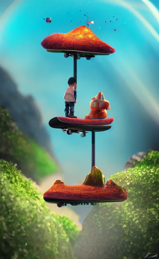 Image similar to tiny skateboard, volcano, floating, rbc, radiolaria, protophyta, micro - organisms, center frame, symmetric, rim light, marine microbiology, bioluminescence, electric, fur, soft, concept art, intricate details, highly detailed, colorful, photorealistic, disney pixar, octane render, iridescent, anime, 8 k