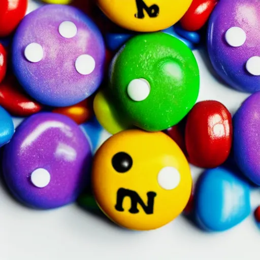 Prompt: macro closeup of M&M's candy with crazy monsters pictures on them , 8k hd dof