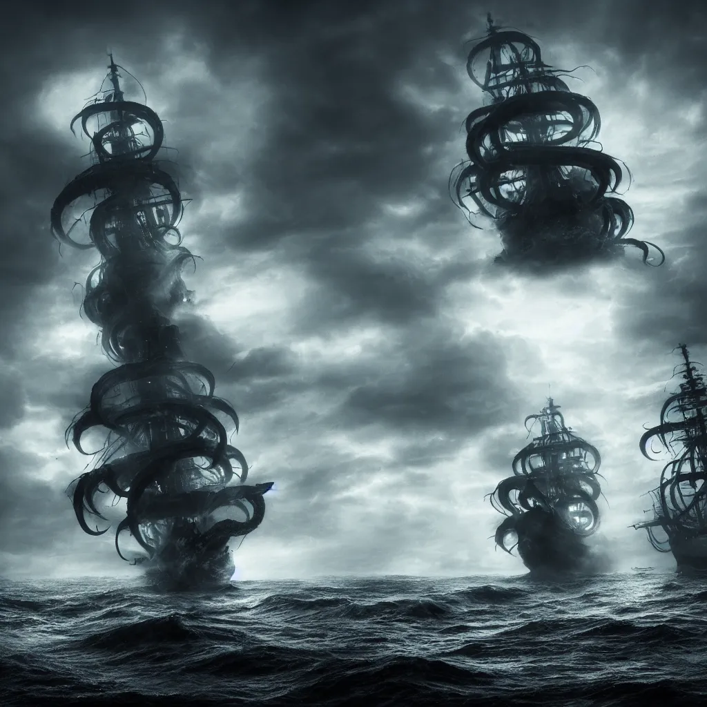 Prompt: the kraken attacks the ship, dark and mysterious, stopped in time, atmospheric, ominous, eerie, cinematic, Epic, 8k, 4k, ultra detail, ultra realistic