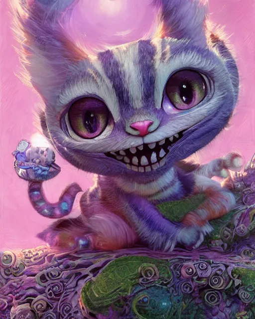 Image similar to an adorable cheshire cat in wonderland | highly detailed | very intricate | symmetrical | fantasy and whimsical and magical | soft cinematic lighting | disney pixar | award - winning | painted by donato giancola and paul lehr and ross tran | pastel color palette | featured on artstation