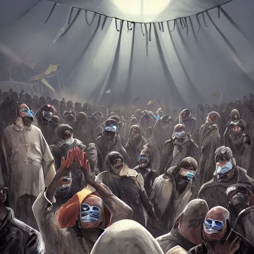 Image similar to Jaws dropped. Heads turned. Eyes widened in surprise as shady eight-eyed men squelched through the crowd and disappeared up into the sky, their faces hidden by masks. The tent is full of people, all staring at the sky above them and waiting for more to come flying out.