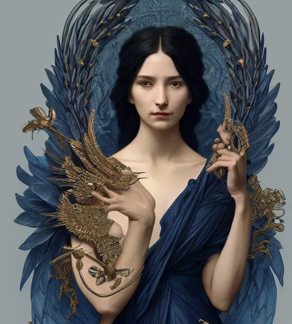 Image similar to god of death, in the underworld, elegant dark blue dress, very detailed, throne, very intricate details, jewelry, delicate tattoos, elaborate long hairstyle, wings, cinematic, artstation, william bouguereau, alphonse mucha, greg rutkowski, rossdraws, octane render