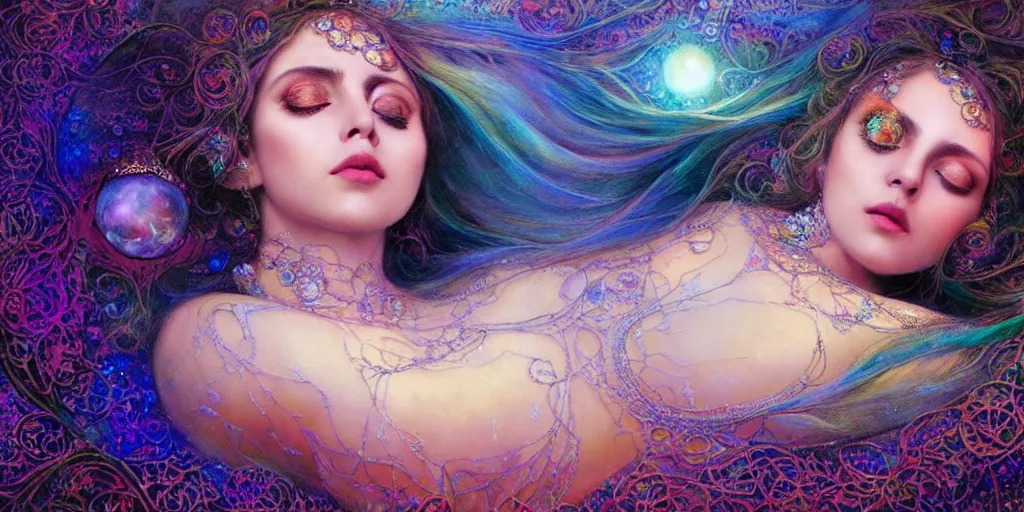 Image similar to detailed portrait of an ethereal gypsy woman laying down with big eyes, glowing face, crystal ball, half moon, photorealistic, colorful dress, in the style of ruan jia, karol bak, holographic undertones, art nouveau, moon phases, mosaic forest background, intricate, smooth, sharp focus, dramatic lighting, illustration, hdr, artgerm