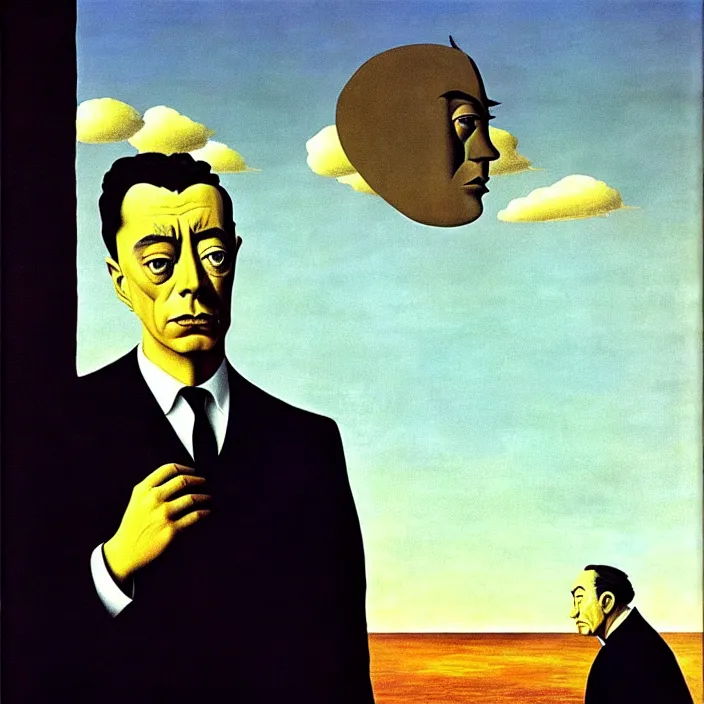 Image similar to camus pondering about the absurdity of existence, by salvador dali and rene magritte, oil on canvas, dramatic lighting