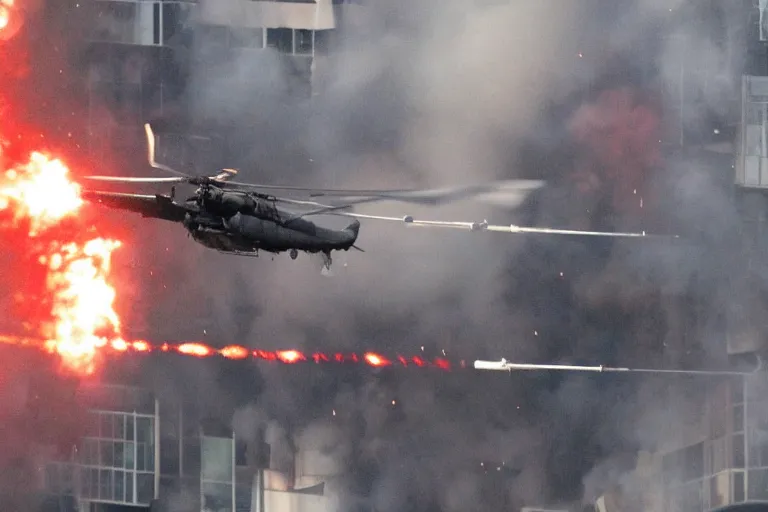 Prompt: militarily helicopter firing missiles and Deadpool leaps off smashes through high rise window, explosions, by Michael Bay
