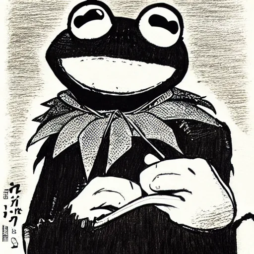 Image similar to drawing of kermit the frog, manga, by asano inio