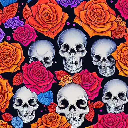 Image similar to ortographic view of large skulls and vivid roses by Jen Bartel and Dan Mumford and Satoshi Kon, gouache illustration, vivid colors