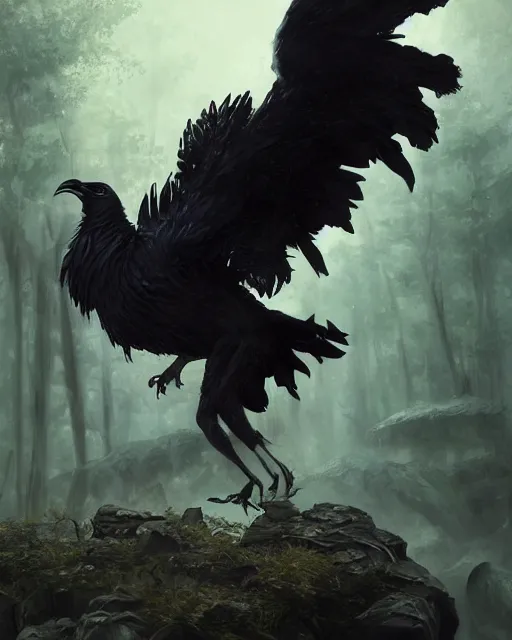 Image similar to oil painting of a Anthropomorphized raven shaman fusing with dragon, sharp focus, heroic pose, fantasy style, octane render, volumetric lighting, 8k high definition, by greg rutkowski, highly detailed, trending on art Station, magic the gathering artwork, Woodland background, centered