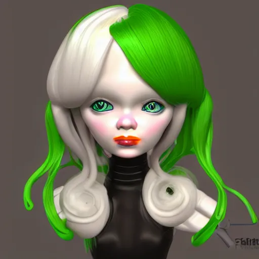 Prompt: rubber inflatable doll with green eyes and white curly hair, fantasy art, artstation, cgsociety, 3 d shading