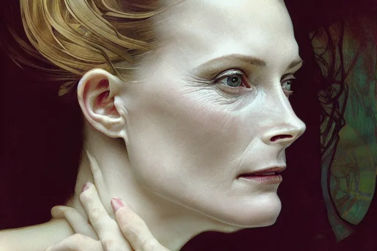 Image similar to hyper realistic portrait of tilda swildon, bigger forehead, bigger chin, from the side, by lee bermejo, alphonse mucha and greg rutkowski