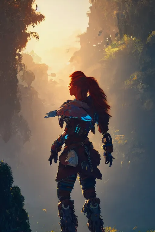 Image similar to combination suit armor aloy horizon forbidden west horizon zero dawn radiating a glowing aura global illumination ray tracing hdr fanart arstation by ian pesty and alena aenami artworks in 4 k tribal robot ninja mask helmet backpack