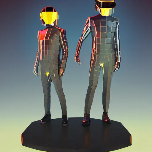 Prompt: low poly 3D miniature daft punk kids standing back to back, illustration, artgerm, octane render, by John Coltrane and Marc Simonetti, inspired by Greg rutkowski, colorful, studio lighting, full body