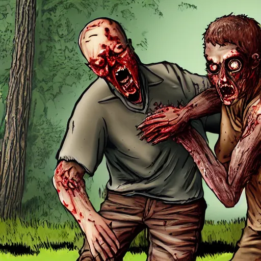 Prompt: a man in zombie apocalypse being bitten buy a couple of zombies