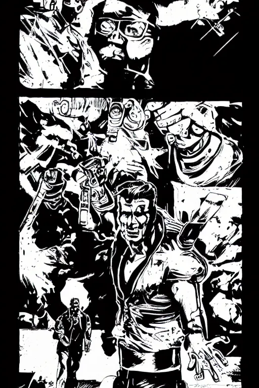 Prompt: ronald reagan, mid - shot, a page from cyberpunk 2 0 2 0, style of paolo parente, style of mike jackson, adam smasher, johnny silverhand, 1 9 9 0 s comic book style, white background, ink drawing, black and white, colouring pages