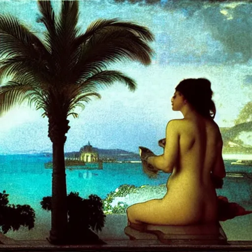 Image similar to Silhouette of two girls at the palace, thunderstorm, greek pool, beach and palm trees on the background major arcana sky, by paul delaroche, alphonse mucha and arnold böcklin arnold böcklin hyperrealistic 8k, very detailed