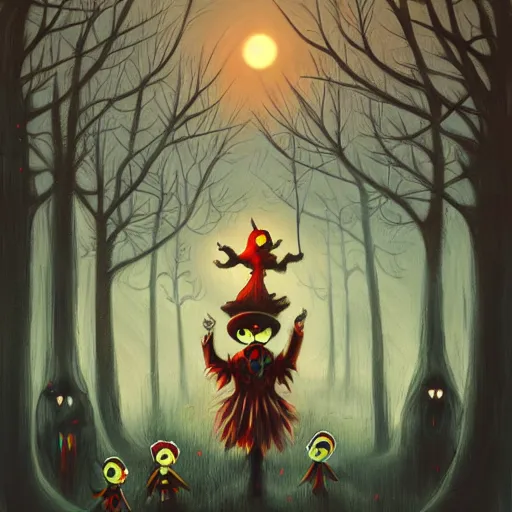 Image similar to creepy clowns surrounding children at night by anato finnstark