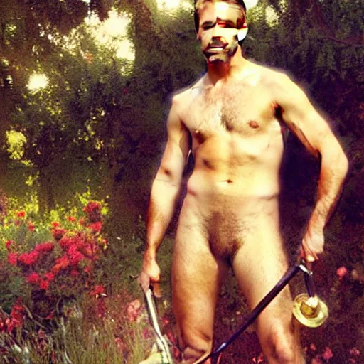 Image similar to ryan gosling mowing a lawn, sunlight glistens on his sweaty skin, painting by gaston bussiere, craig mullins, j. c. leyendecker, tom of finland