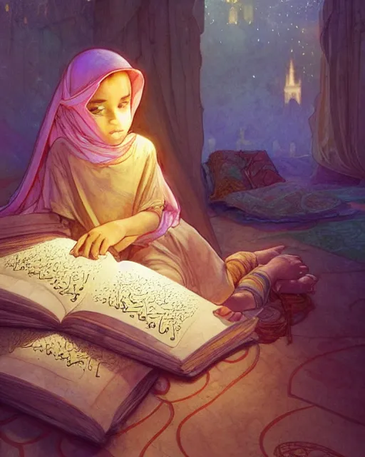 Image similar to a bedouin child infront of an big open quran highly detailed, gold filigree, romantic storybook fantasy, soft cinematic lighting, award, disney concept art watercolor illustration by mandy jurgens and alphonse mucha and alena aenami, pastel color palette, featured on artstation