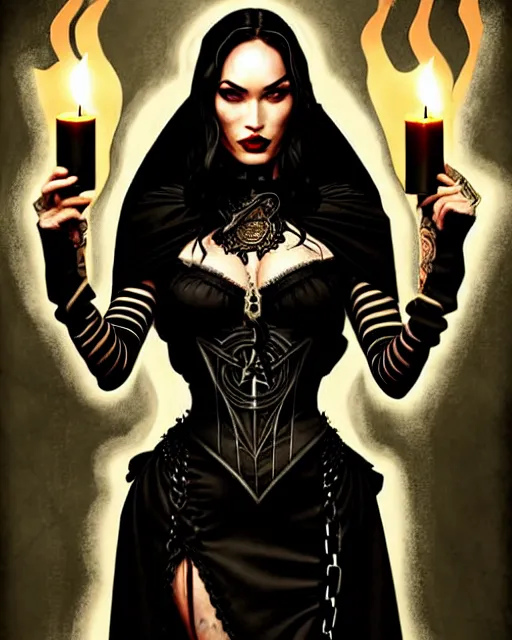 Prompt: megan fox witch queen, black eyes, blood, full body, intricate victorian dress, middle shot, cinematic lighting, studio quality, symmetrical eyes, artgerm, joshua middleton, rafael albuquerque, moody lighting, candles, art style by nixeu and ian sprigger and wlop and krenz cushart