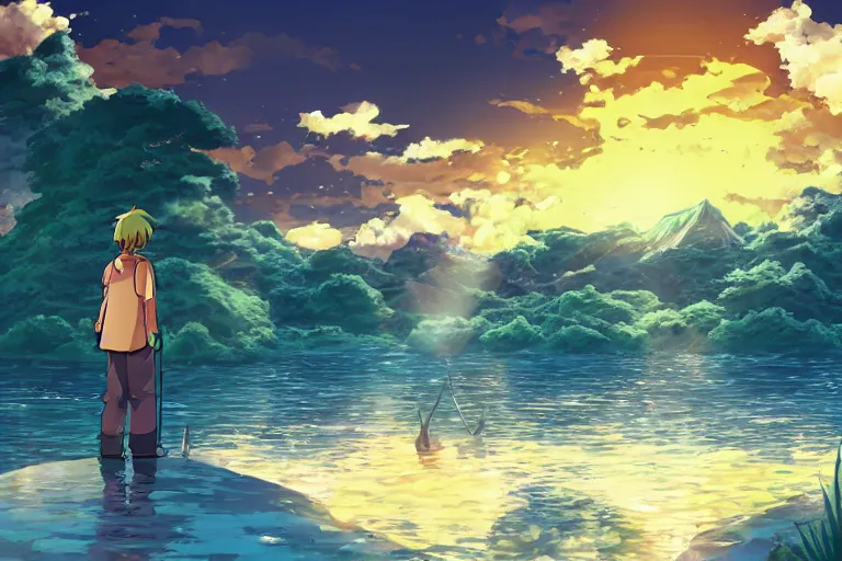 Prompt: cell shaded anime key visual of a fantasy isekai fisherman on a lake in the style of studio ghibli, moebius, makoto shinkai, dramatic lighting