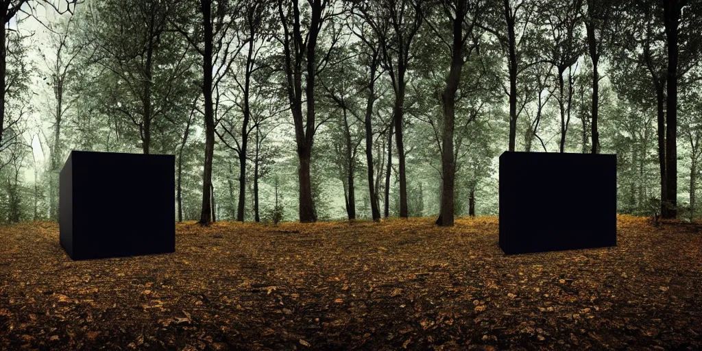 Prompt: a black cube minimalist house in the woods and empty woods, 8k, fantasy, hyper realistic, dramatic lighting, cinematic