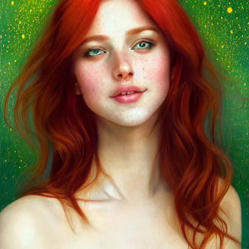 Image similar to a highly detailed, hyper realistic, stunning portrait of a red haired young woman, surrounded by the lights of golden fireflies, long hair, green eyes, hint of freckles, round gentle face, cheeky smile, romantic, deep focus, elegant, digital painting, smooth, sharp, golden ratio, illustration, art by artgerm and caravaggio
