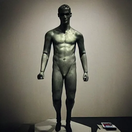 Image similar to “ a realistic detailed photo of a guy who is an attractive humanoid who is half robot and half humanoid, who is a male android, soccer player antoine griezmann, shiny skin, posing like a statue, blank stare, at the museum, on display ”