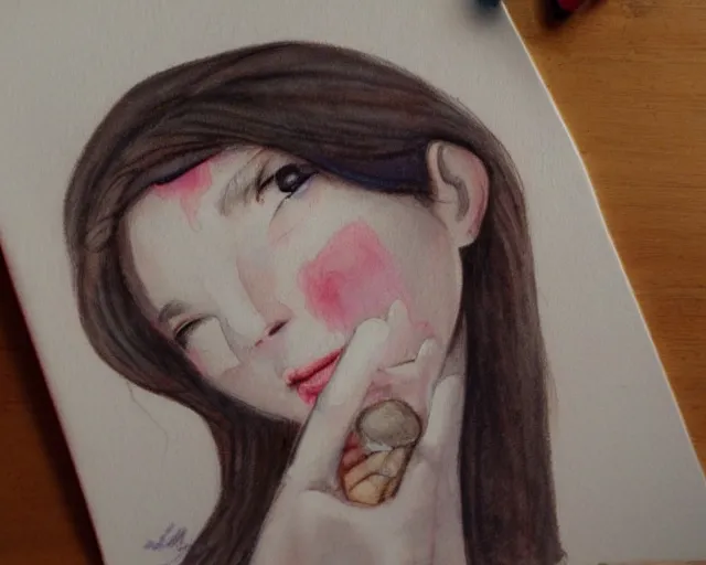 Image similar to a girl with the ice cream watercolor colored pencil painting trending on artstation