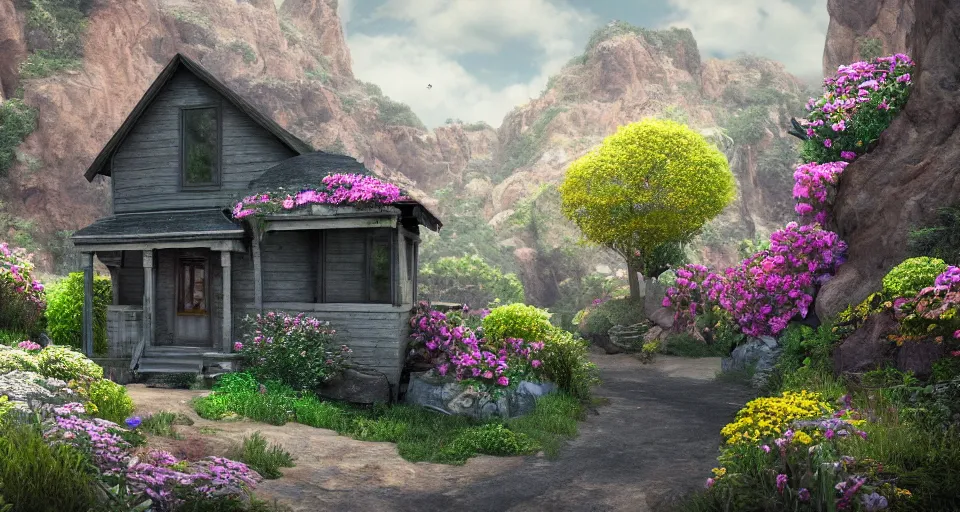 Prompt: small house in canyon filled with flowers, space ship flying by, photorealistic, trending on artstation, moody