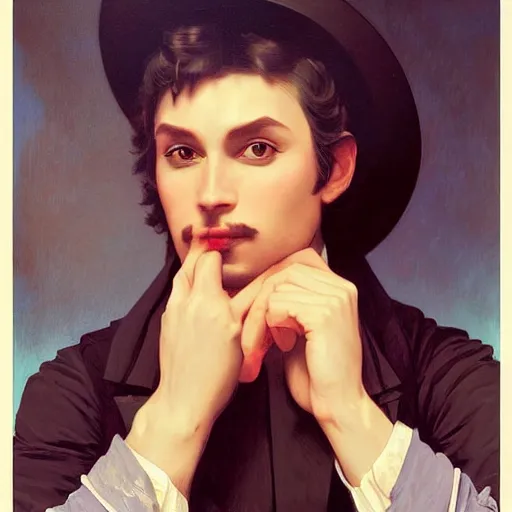 Image similar to a vintage portrait painting of a fantasy gentleman gunslinger, art by tristan eaton and artgerm and william - adolphe bouguereau