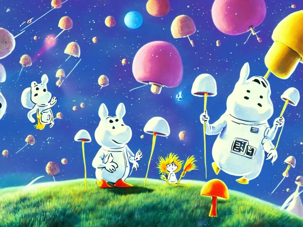 Image similar to moomins in space suits flying around with jetpacks discovering the mushroom planet, looking cute, photorealistic painting, movie still, cgi, warm colors, fluffy, cozy, dreamy, low light