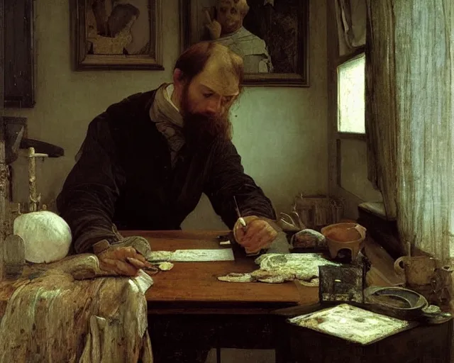 Image similar to dostoyevsky as an exhausted painter in his dimly lit studio by edgar maxence and caravaggio and michael whelan, intricate painting, hyper realistic, extremely detailed and beautiful aesthetic face, 8 k resolution