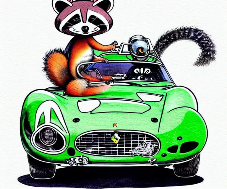 Prompt: cute and funny, racoon wearing a helmet riding in a tiny 1 9 6 2 ferrari 2 5 0 gto, ratfink style by ed roth, centered award winning watercolor pen illustration, isometric illustration by chihiro iwasaki, edited by range murata