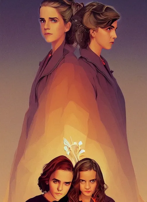 Image similar to poster artwork by Michael Whelan and Tomer Hanuka, Karol Bak Emma Watson and Kiernan Shipka in beauty pageant, from scene from Twin Peaks, clean