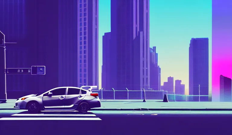 Prompt: a beautiful, sharp focus, clean lines. an urban cityscape with a grey 2 0 1 8 subaru wrx on the street. vaporwave ombre rendering. outrun style. trending on artstation. recommended for you behance. by chris moore. by edward hopper. ambient occlusion. digital matte painting. metropolis filmic. gotham city.